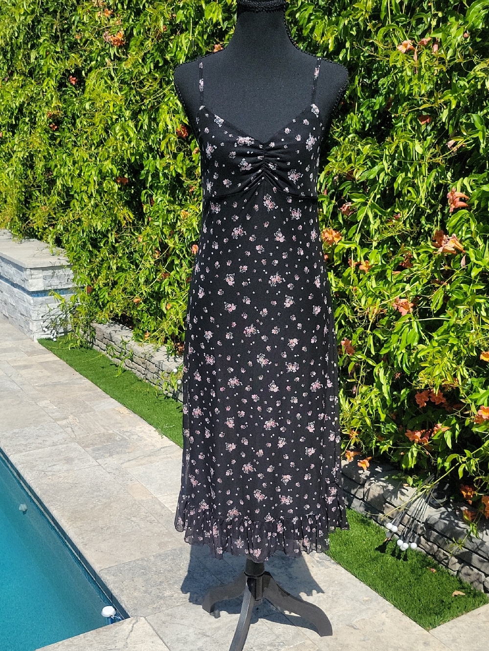 Black Floral Y2K Slip Dress with Ruffle Hem M